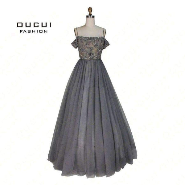 Planet Gates Gery / 4 Backless Long Evening Dress Tulle  Formal Handmade Crystal Ball Gown Boat Neck Spaghetti Strap Hot Drill OL103016