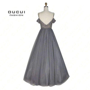 Planet Gates Gery / 4 Backless Long Evening Dress Tulle  Formal Handmade Crystal Ball Gown Boat Neck Spaghetti Strap Hot Drill OL103016