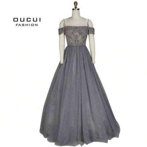 Planet Gates Gery / 4 Backless Long Evening Dress Tulle  Formal Handmade Crystal Ball Gown Boat Neck Spaghetti Strap Hot Drill OL103016