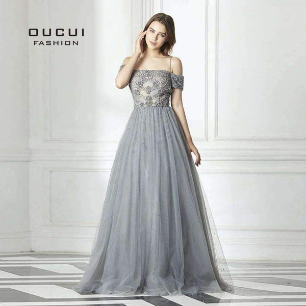 Planet Gates Gery / 4 Backless Long Evening Dress Tulle  Formal Handmade Crystal Ball Gown Boat Neck Spaghetti Strap Hot Drill OL103016