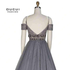 Planet Gates Gery / 4 Backless Long Evening Dress Tulle  Formal Handmade Crystal Ball Gown Boat Neck Spaghetti Strap Hot Drill OL103016