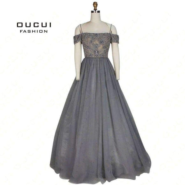 Planet Gates Gery / 4 Backless Long Evening Dress Tulle  Formal Handmade Crystal Ball Gown Boat Neck Spaghetti Strap Hot Drill OL103016