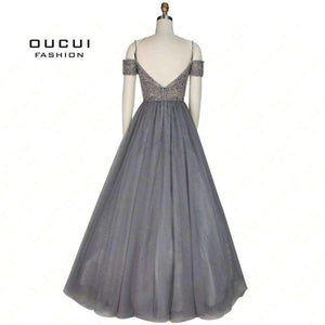 Planet Gates Gery / 4 Backless Long Evening Dress Tulle  Formal Handmade Crystal Ball Gown Boat Neck Spaghetti Strap Hot Drill OL103016