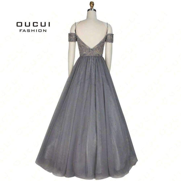 Planet Gates Gery / 4 Backless Long Evening Dress Tulle  Formal Handmade Crystal Ball Gown Boat Neck Spaghetti Strap Hot Drill OL103016