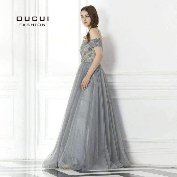 Planet Gates Gery / 4 Backless Long Evening Dress Tulle  Formal Handmade Crystal Ball Gown Boat Neck Spaghetti Strap Hot Drill OL103016