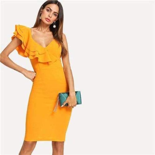 Planet Gates Ginger / XS Sleeveless Ruffle Layered Flounce Trim Split Back V Neck Party Bodycon Dress Women Summer Knee Length Slim Pencil Dress