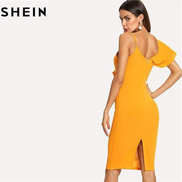 Planet Gates Ginger / XS Sleeveless Ruffle Layered Flounce Trim Split Back V Neck Party Bodycon Dress Women Summer Knee Length Slim Pencil Dress