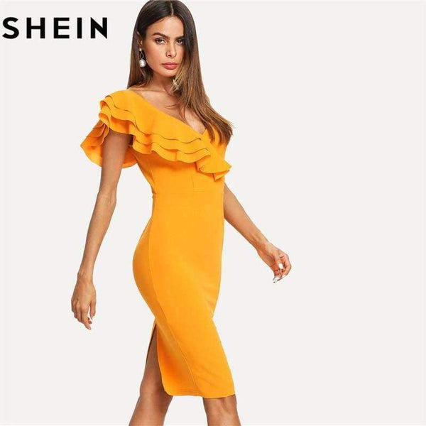 Planet Gates Ginger / XS Sleeveless Ruffle Layered Flounce Trim Split Back V Neck Party Bodycon Dress Women Summer Knee Length Slim Pencil Dress