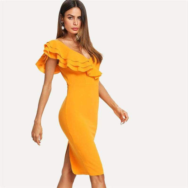 Planet Gates Ginger / XS Sleeveless Ruffle Layered Flounce Trim Split Back V Neck Party Bodycon Dress Women Summer Knee Length Slim Pencil Dress
