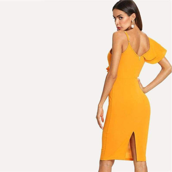 Planet Gates Ginger / XS Sleeveless Ruffle Layered Flounce Trim Split Back V Neck Party Bodycon Dress Women Summer Knee Length Slim Pencil Dress