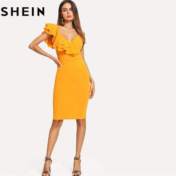 Planet Gates Ginger / XS Sleeveless Ruffle Layered Flounce Trim Split Back V Neck Party Bodycon Dress Women Summer Knee Length Slim Pencil Dress