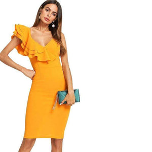 Planet Gates Ginger / XS Sleeveless Ruffle Layered Flounce Trim Split Back V Neck Party Bodycon Dress Women Summer Knee Length Slim Pencil Dress