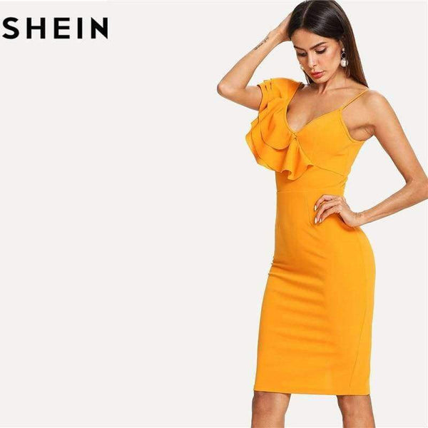 Planet Gates Ginger / XS Sleeveless Ruffle Layered Flounce Trim Split Back V Neck Party Bodycon Dress Women Summer Knee Length Slim Pencil Dress