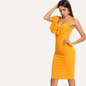 Planet Gates Ginger / XS Sleeveless Ruffle Layered Flounce Trim Split Back V Neck Party Bodycon Dress Women Summer Knee Length Slim Pencil Dress