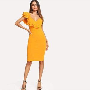 Planet Gates Ginger / XS Sleeveless Ruffle Layered Flounce Trim Split Back V Neck Party Bodycon Dress Women Summer Knee Length Slim Pencil Dress