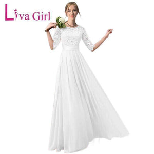 Planet Gates Girl Long Wedding Party Dress 2018 Women White Hollow Bridesmaid Half Sleeve Pleated Chiffon Maxi Lace Dresses New Autumn