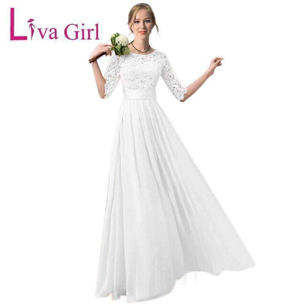 Planet Gates Girl Long Wedding Party Dress 2018 Women White Hollow Bridesmaid Half Sleeve Pleated Chiffon Maxi Lace Dresses New Autumn