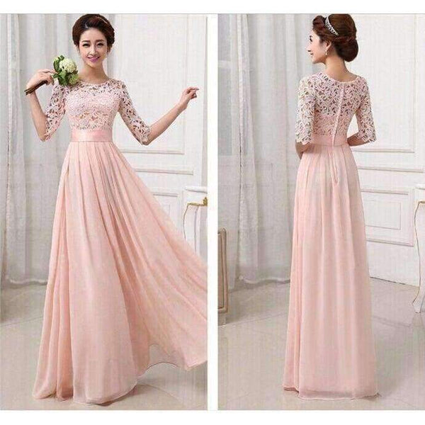 Planet Gates Girl Long Wedding Party Dress 2018 Women White Hollow Bridesmaid Half Sleeve Pleated Chiffon Maxi Lace Dresses New Autumn