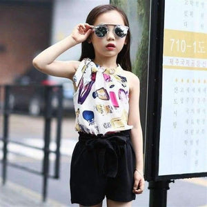 Planet Gates Girl suit 1 / 7 Teenage Girls Clothing Sets Summer Girls Clothes Chiffon Sleeveless Top +Shorts Printed Pattern Kids Clothes Children Clothing