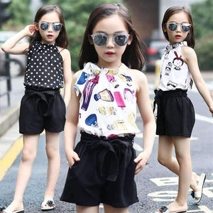 Planet Gates Girl suit / 7 Teenage Girls Clothing Sets Summer Girls Clothes Chiffon Sleeveless Top +Shorts Printed Pattern Kids Clothes Children Clothing