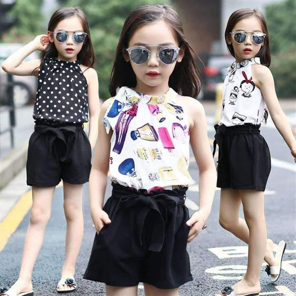 Planet Gates Girl suit / 7 Teenage Girls Clothing Sets Summer Girls Clothes Chiffon Sleeveless Top +Shorts Printed Pattern Kids Clothes Children Clothing