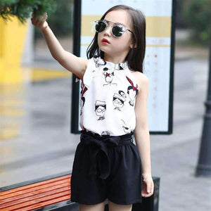 Planet Gates Girl suit / 7 Teenage Girls Clothing Sets Summer Girls Clothes Chiffon Sleeveless Top +Shorts Printed Pattern Kids Clothes Children Clothing