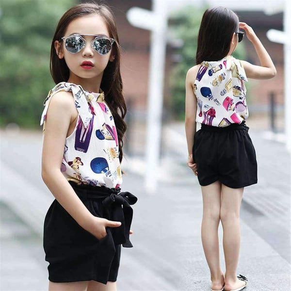 Planet Gates Girl suit / 7 Teenage Girls Clothing Sets Summer Girls Clothes Chiffon Sleeveless Top +Shorts Printed Pattern Kids Clothes Children Clothing