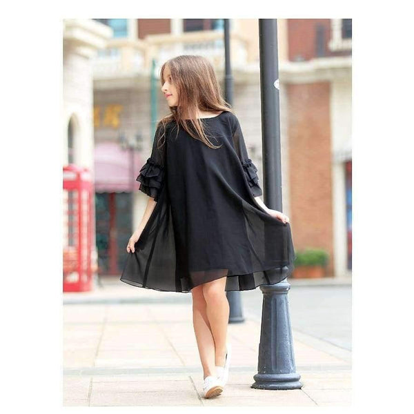 Planet Gates Girls Dress Age 10 12 years Summer Chiffon Dress Flare Sleeve Black Dress For Little Girl Size 6 7 8 9 Teenage Girls Clothes