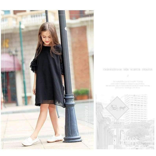 Planet Gates Girls Dress Age 10 12 years Summer Chiffon Dress Flare Sleeve Black Dress For Little Girl Size 6 7 8 9 Teenage Girls Clothes