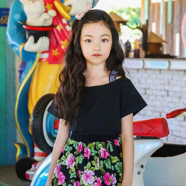 Planet Gates Girls Summer Outfit  Teenage Girls Fashion two pieces Clothing Sets Black Tops + Floral Skirts Size 8 10 12 Girls Clothes