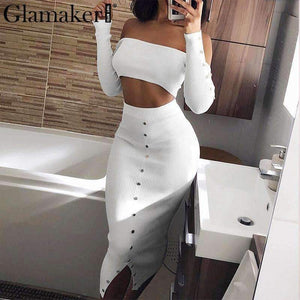 Planet Gates Glamaker Off shoulder bodycon button crop winter dress Women knitted split long sleeve sexy dress Two-piece suit maxi dress 2018