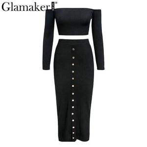 Planet Gates Glamaker Off shoulder bodycon button crop winter dress Women knitted split long sleeve sexy dress Two-piece suit maxi dress 2018