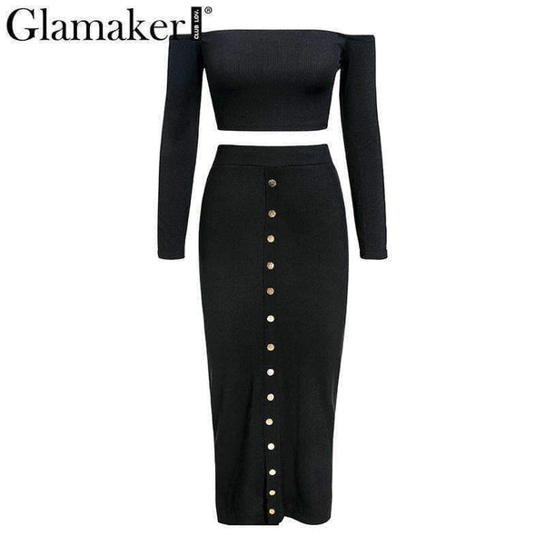 Planet Gates Glamaker Off shoulder bodycon button crop winter dress Women knitted split long sleeve sexy dress Two-piece suit maxi dress 2018