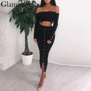 Planet Gates Glamaker Off shoulder bodycon button crop winter dress Women knitted split long sleeve sexy dress Two-piece suit maxi dress 2018