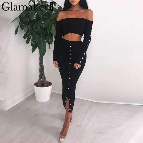 Planet Gates Glamaker Off shoulder bodycon button crop winter dress Women knitted split long sleeve sexy dress Two-piece suit maxi dress 2018
