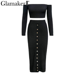 Planet Gates Glamaker Off shoulder bodycon button crop winter dress Women knitted split long sleeve sexy dress Two-piece suit maxi dress 2018