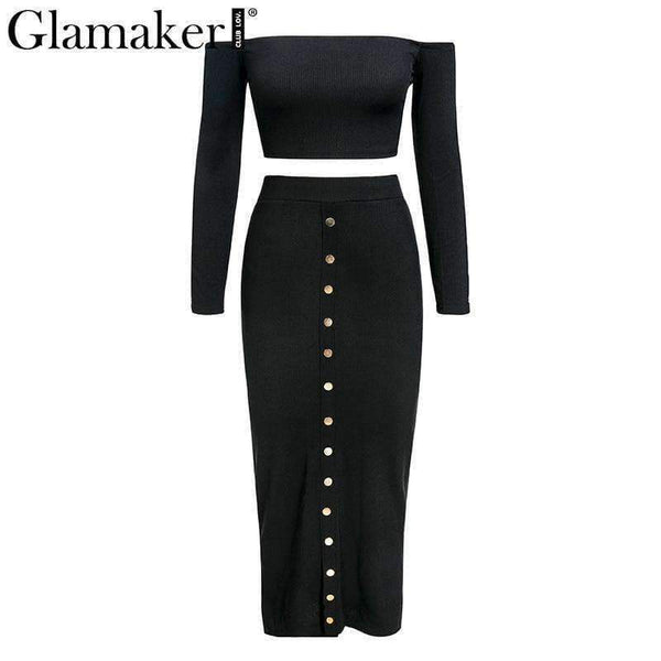 Planet Gates Glamaker Off shoulder bodycon button crop winter dress Women knitted split long sleeve sexy dress Two-piece suit maxi dress 2018