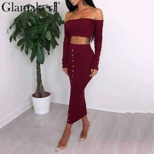 Planet Gates Glamaker Off shoulder bodycon button crop winter dress Women knitted split long sleeve sexy dress Two-piece suit maxi dress 2018