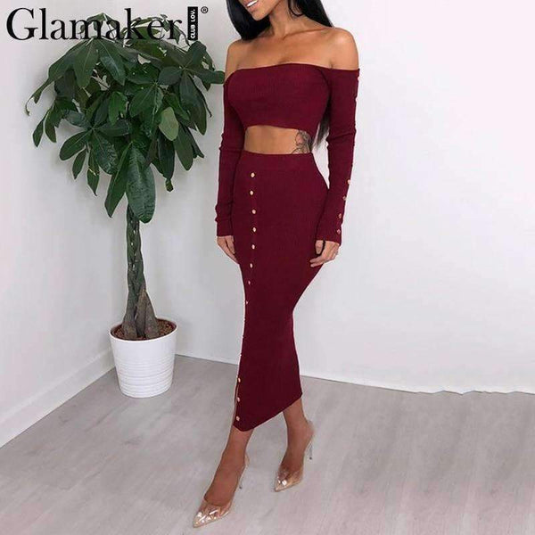 Planet Gates Glamaker Off shoulder bodycon button crop winter dress Women knitted split long sleeve sexy dress Two-piece suit maxi dress 2018