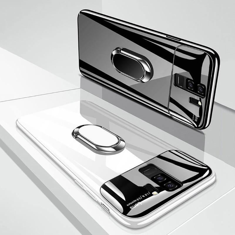 Planet Gates Glossy white / For Samsung S9 ZNP Luxury Ring Stand Case For Samsung Galaxy S9 Plus Slim PC + Glass Holoder Glossy Cover Cases For Samsung S9 Plus Phone Case
