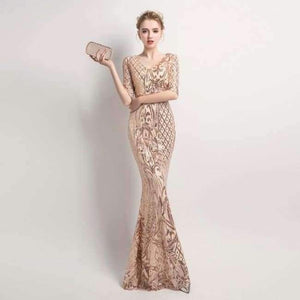 Planet Gates gold / 10 Women's Elegant Mermaid Gold Sequins Dress Half Sleeve Evening Dress Party Long Prom Dress