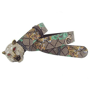 Western Rhinestone Tiger Buckle Tiger Print Leather Men Belt Fashion Jeans Causal Pants Men Belt