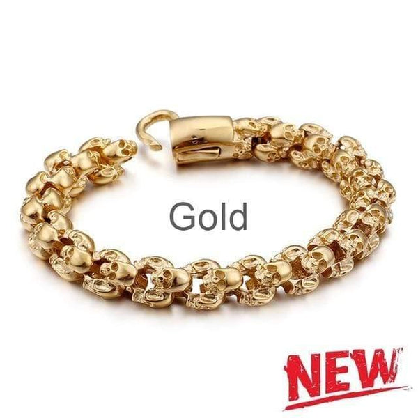 Planet Gates Gold / 18.5cm 22.5cm Long Skull Bracelets For Men Stainless Steel Shiny Skull Charm Link Chain Brecelets Male Gothic Jewelry