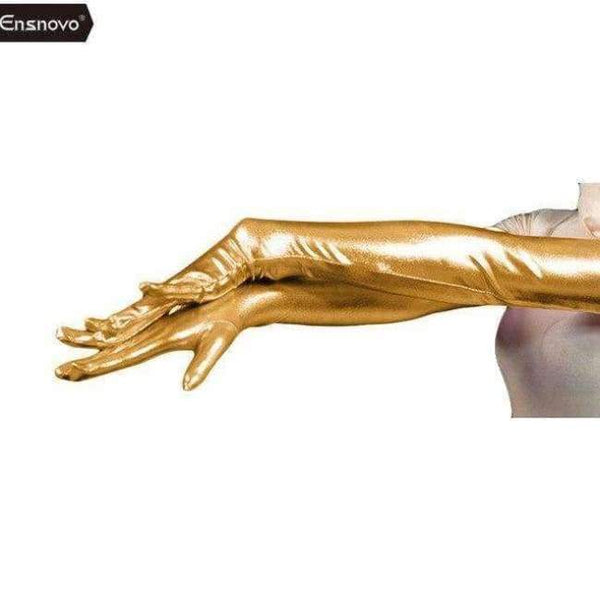 Planet Gates gold / 22inch Ensnovo Women Spandex Polyester Black Shiny Metallic 22" Long Sleeve Cosplay Costumes Wet Look Opera Length Evening Gloves