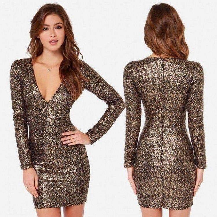 Planet Gates Gold / 4 / China Gold Color Deep V-Neck Cocktail Dresses Sequined Long Sleeves Mini Short Robe Cocktail Ladies vestidos coctel mujer 2018
