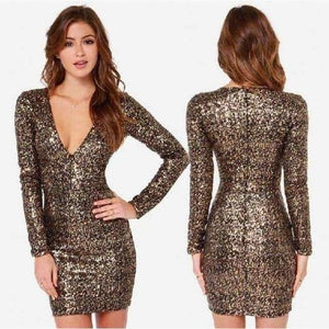Planet Gates Gold / 4 / China Gold Color Deep V-Neck Cocktail Dresses Sequined Long Sleeves Mini Short Robe Cocktail Ladies vestidos coctel mujer 2018