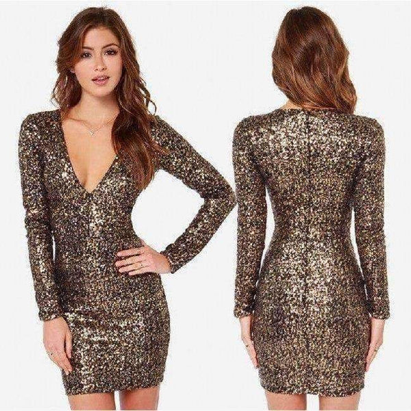 Planet Gates Gold / 4 / China Gold Color Deep V-Neck Cocktail Dresses Sequined Long Sleeves Mini Short Robe Cocktail Ladies vestidos coctel mujer 2018