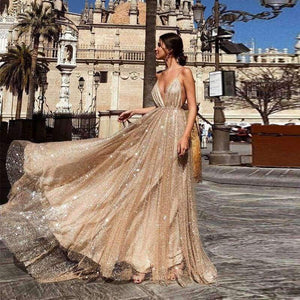 Planet Gates Gold / 4 / China Sexy Deep V-Neck Backless Evening Dresses Sequined Tulle Long Robe De Soiree New Arrival Gold Spaghetti Strap Party Gowns