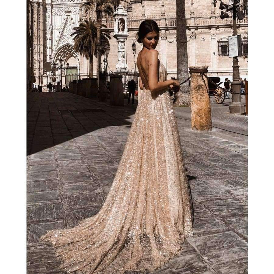 Planet Gates Gold / 4 / China Sexy Deep V-Neck Backless Evening Dresses Sequined Tulle Long Robe De Soiree New Arrival Gold Spaghetti Strap Party Gowns