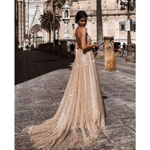 Planet Gates Gold / 4 / China Sexy Deep V-Neck Backless Evening Dresses Sequined Tulle Long Robe De Soiree New Arrival Gold Spaghetti Strap Party Gowns
